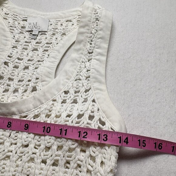 WAI MING Women Open Knit Crochet Tank Top Sz L White Racerback Spring 17-12 - Picture 8 of 9